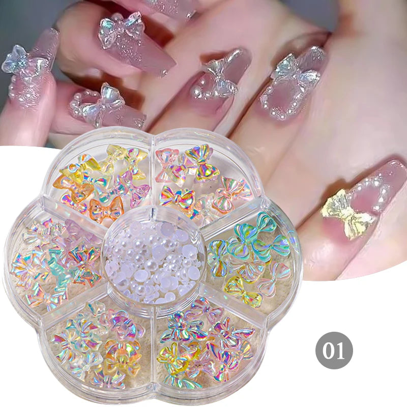 1Bag Mix Colorful Jelly Clear Ribbon Bowknot Nail Charms Heart Pearls Flower Flat-back Gems Parts Nail Art Manicure Decorations