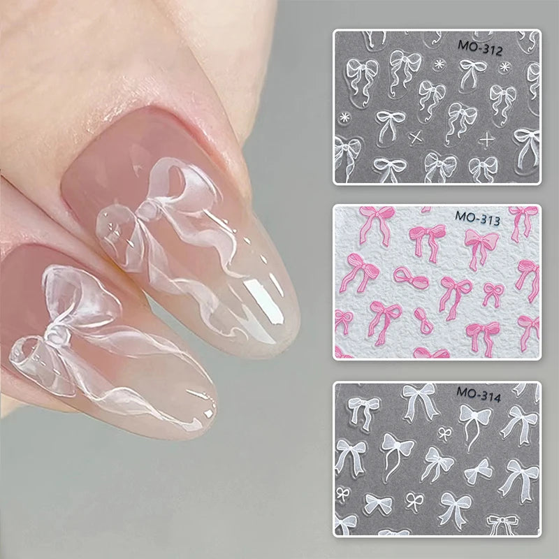 3D Nail Sticker Bowknot Long Silk Ribbon Flower Self-Adhesive Sliders Nail Art Decoration Decals DIY Manicure Accesories New