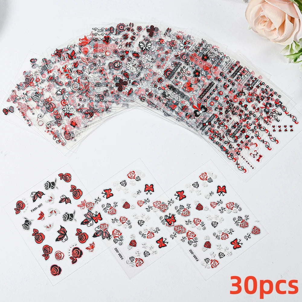 30pcs/Set Colorful Flower Nail Stickers Japanese-Korean Small Fresh Blossom Manicure Applique for Children&Girls Net Red Decals*