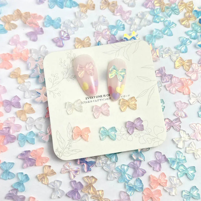 50PCS Random Mixed Auroa Bowknot Nail Charms Fresh Transparent Resin Nail Art Decorations for Manicure DIY Jewelry Accessories