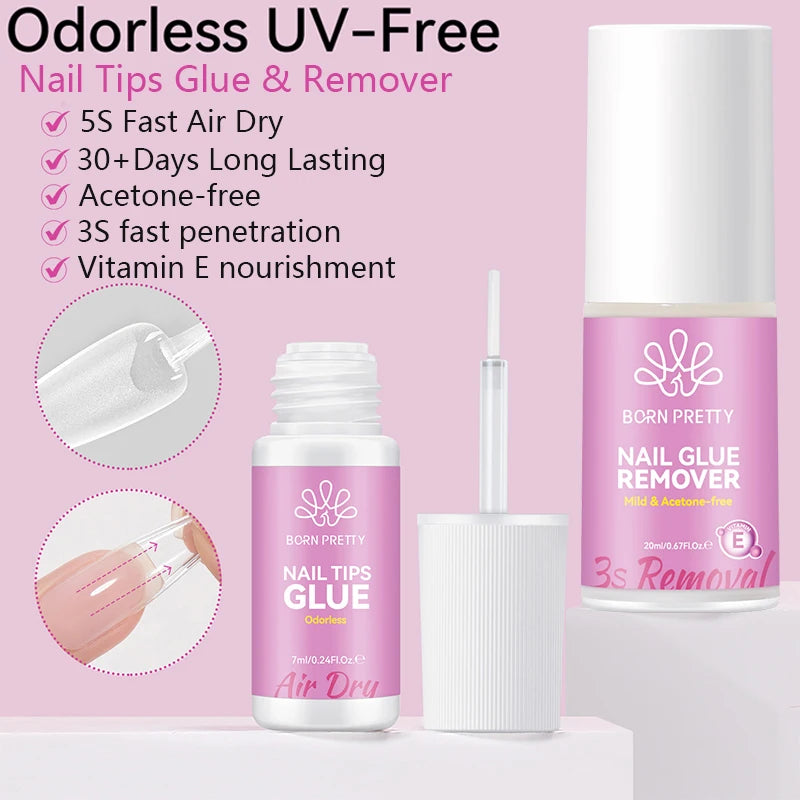 BORN PRETTY 20ml Nail Glue Remover Easily Removes with 7ml Nail Tips Glue For False Nails Odorless Fast Air Dry Acrylic Nails
