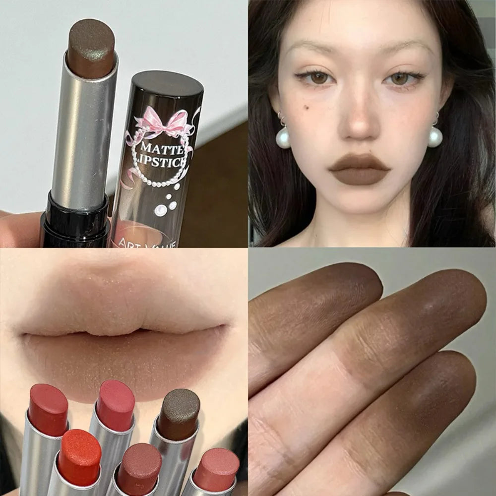 Cement Gray Brown Low Gloss Lipstick Waterproof Sweatproof Not Fade Lip Gloss With Fine Shine Tobacco Pink Lip Stick Makeup