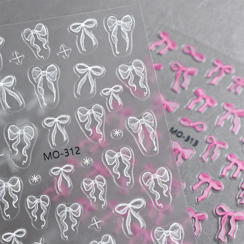 3D Nail Sticker Bowknot Long Silk Ribbon Flower Self-Adhesive Sliders Nail Art Decoration Decals DIY Manicure Accesories New