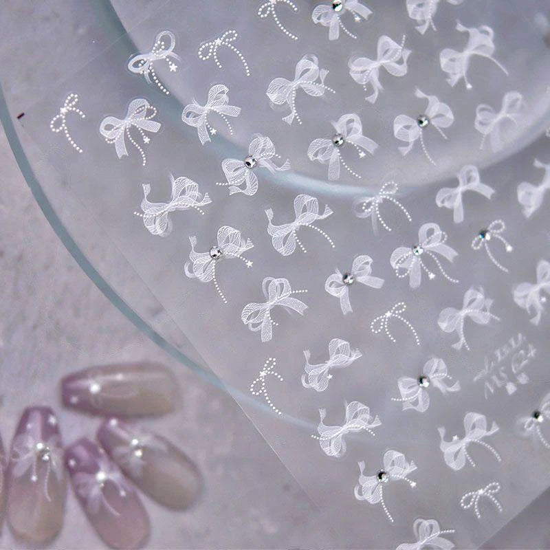 3D Nail Sticker Bowknot Long Silk Ribbon Flower Self-Adhesive Sliders Nail Art Decoration Decals DIY Manicure Accesories New