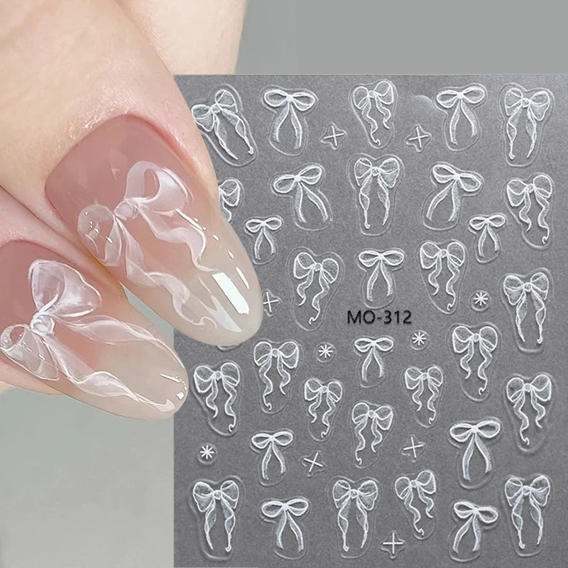 3D Nail Sticker Bowknot Long Silk Ribbon Flower Self-Adhesive Sliders Nail Art Decoration Decals DIY Manicure Accesories New