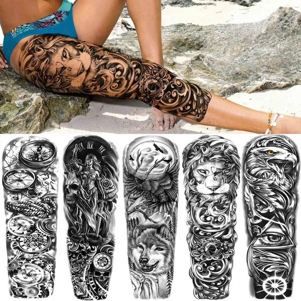 24 Sheets Full Arm Temporary Tattoo Sleeve For Men Women Thigh Arm Tattoo Black Flower Eagle Compass Tiger Tatoos Large Size 3D