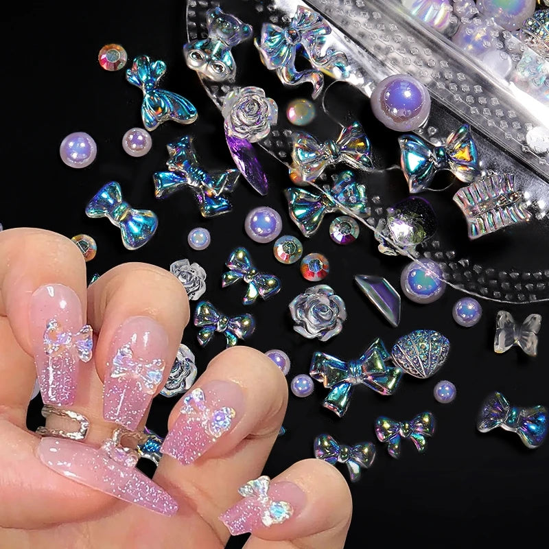 1Bag Mix Colorful Jelly Clear Ribbon Bowknot Nail Charms Heart Pearls Flower Flat-back Gems Parts Nail Art Manicure Decorations