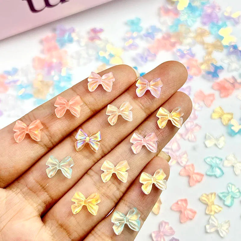 50PCS Random Mixed Auroa Bowknot Nail Charms Fresh Transparent Resin Nail Art Decorations for Manicure DIY Jewelry Accessories