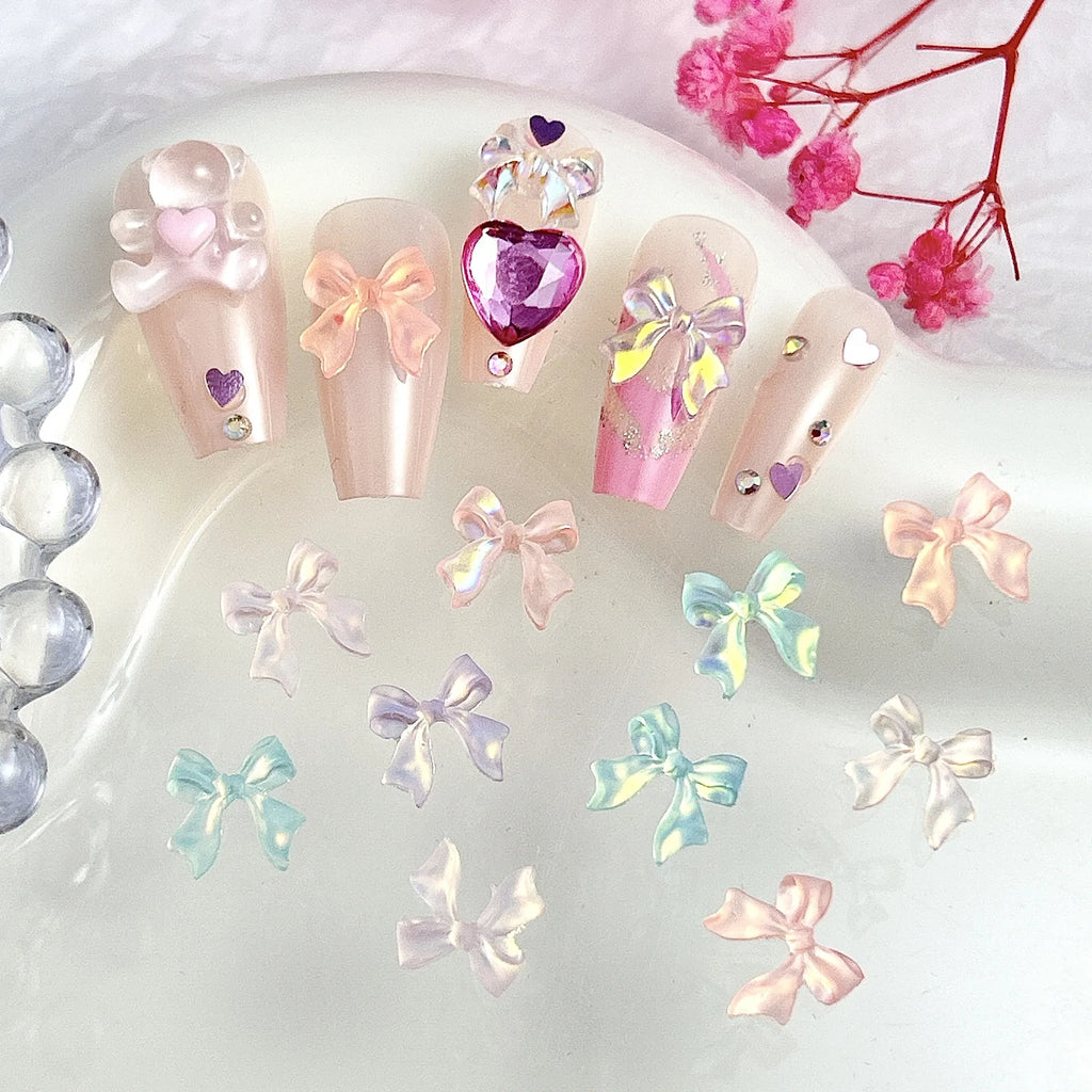 50PCS Random Mixed Auroa Bowknot Nail Charms Fresh Transparent Resin Nail Art Decorations for Manicure DIY Jewelry Accessories