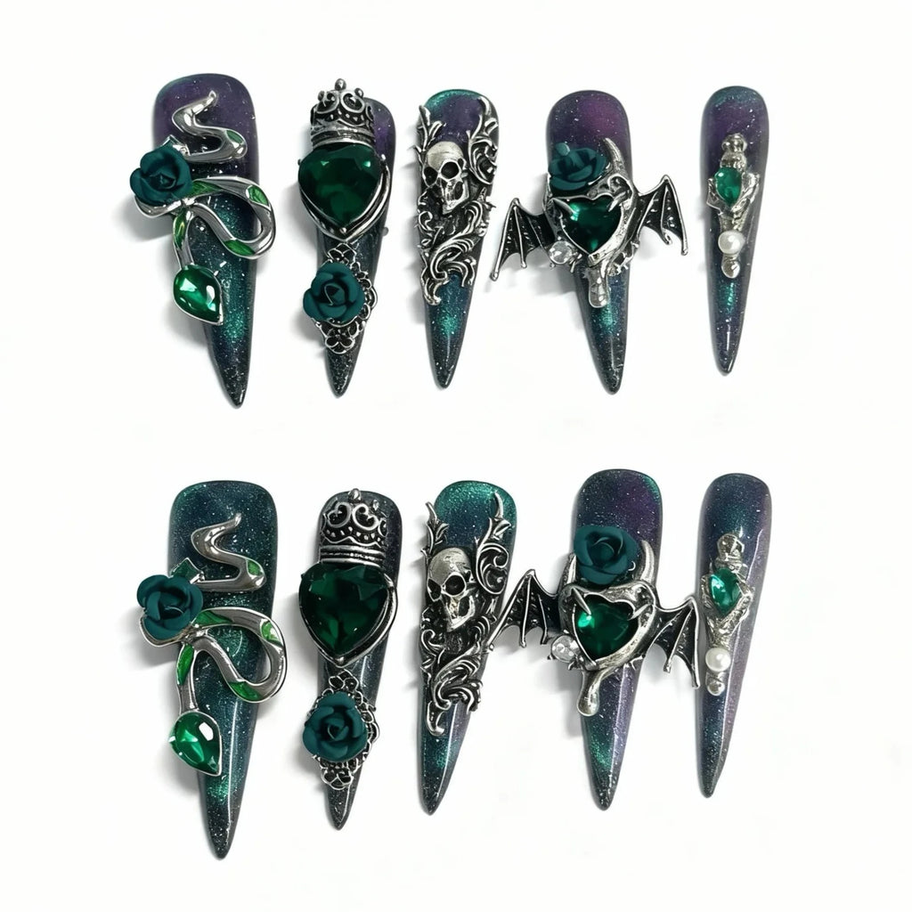 10Pcs Long Retro Stiletto Handmade Press on Nails Green Cat Eye Fake Nails with 3D Snake Design False Nail 네일팁 Накладные Ногти