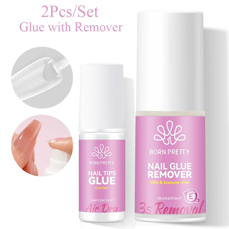 BORN PRETTY 20ml Nail Glue Remover Easily Removes with 7ml Nail Tips Glue For False Nails Odorless Fast Air Dry Acrylic Nails